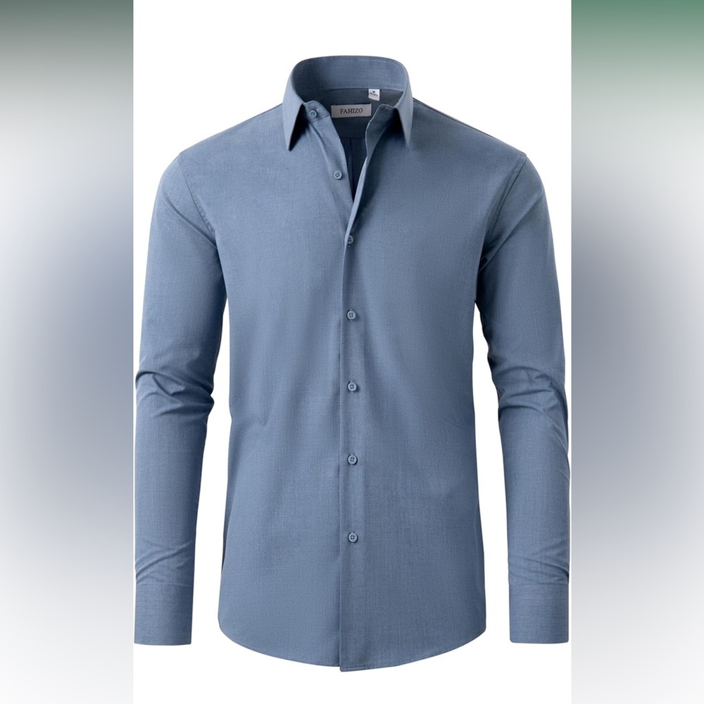 Men's Blue Dress Shirt Casual Regular Fit Stretch Solid Long Sleeves Size 5XL